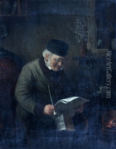 Lezende Man Met Pijp Bij De Haard Oil Painting - Johannes Anthony Last