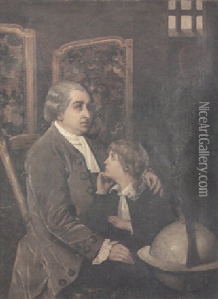 A Portrait Of A Gentleman And His Son With A Globe Oil Painting - Leon Lucien Goupil