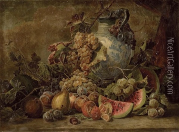 Fruchtestillleben Mit Groser Vase (after P.schodel) Oil Painting - Giuseppe Falchetti