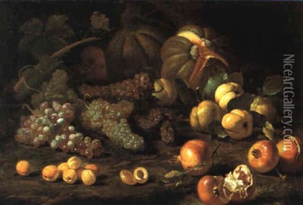 Natura Morta Con Uve, Albicocche, Angurie, Zucche E Melagrane Oil Painting - Abraham Brueghel