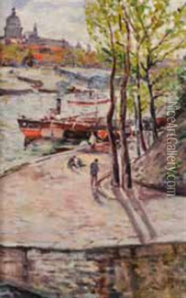 Paris, Les Quais Face A L'institut Oil Painting - Auguste Louis Lepere