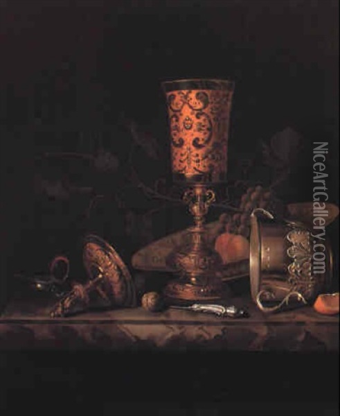 Silver-gilt Standing Cup And Cover, Fruit And A Knife On A Marble Ledge Oil Painting - Pieter Gerritsz van Roestraten