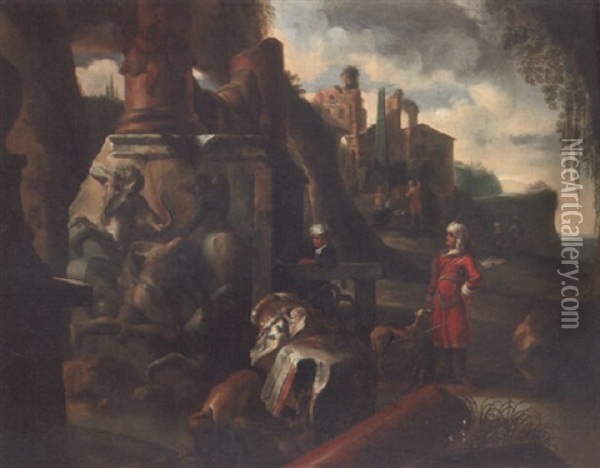 Figures In Oriental Costume Inspecting Classical Ruins Oil Painting - Jacques (Jacob) Mueller