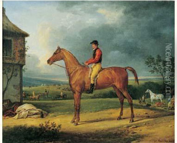 Jockey Sur Sa Monture Et Dans Le Lontain De Nombreux Cavaliers Sur Un Champ De Courses. Oil Painting - Carle Vernet