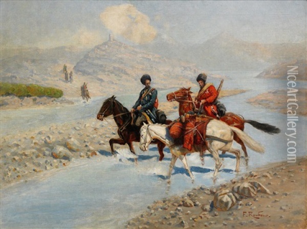 Two Horsemen Oil Painting - Franz Roubaud