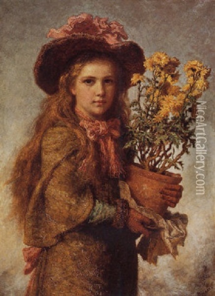 Young Girl With Flower Pot Oil Painting - Carl Wilhelm Friedrich Bauerle