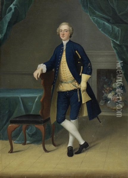 Portrait Of Mr. Thomas, Full-length, In A Blue Coat And Yellow Waistcoat, Standing In An Interior Oil Painting - Arthur Devis