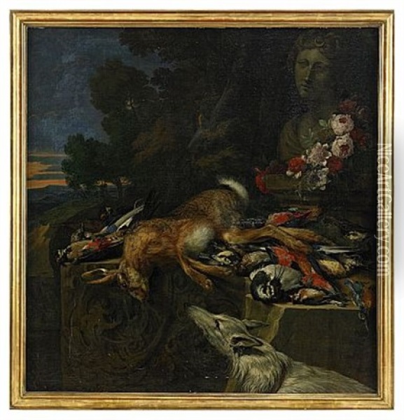 Stilleben Med Hund, Hare Och Faglar Oil Painting - Hieronymus Galle the Elder