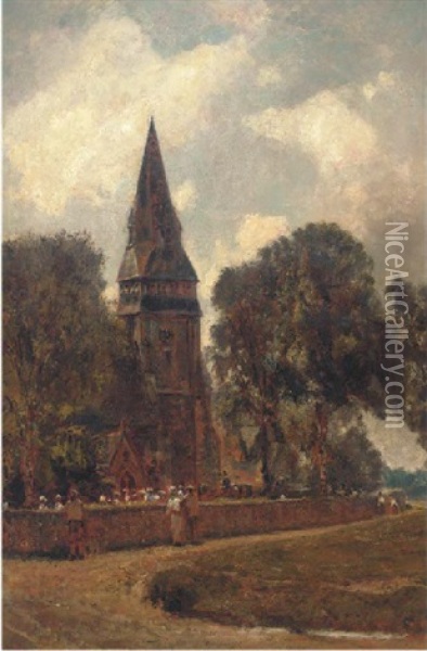Figures Before A Church (near Highgate?) Oil Painting - John William Buxton Knight