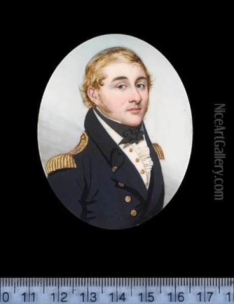 A Naval Officer, Wearing Blue Uniform With Gold Epaulettes And Buttons, White Waistcoat, Frilled Chemise And Black Stock Oil Painting - Frederick Buck