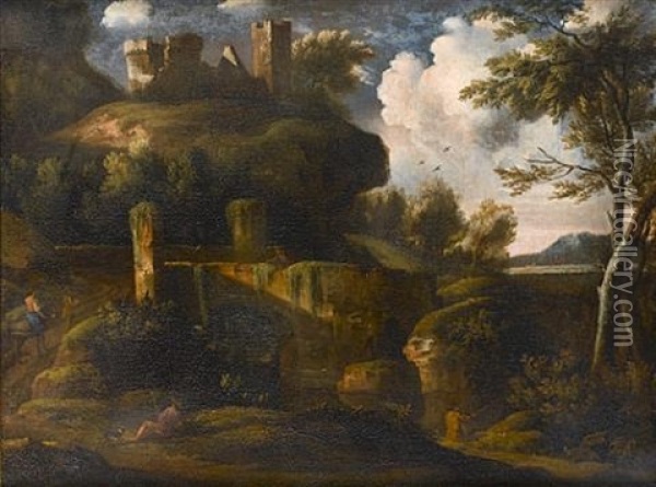 An Italianate Landscape With Travellers On A Bridge, A Hill-top Castle Beyond Oil Painting - Jan Frans van Bloemen