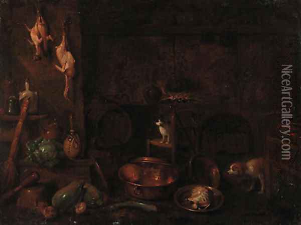 A dog, a cat and dead game with vegetables and cooking vessels in a kitchen interior Oil Painting - Gian Domenico Valentino