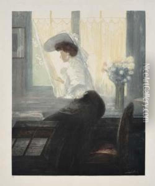 Femme Assise Au Fenetre Oil Painting - Almery Lobel-Riche