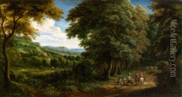 A Wooded Landscape With Horsemen Greeting Travellers On A Path Oil Painting - Adriaen Frans Boudewyns the Elder