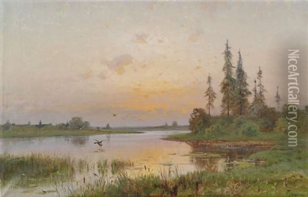 Weite Seelandschaft Bei Sonnenuntergang Oil Painting - Semyon Sergeievich Platonov