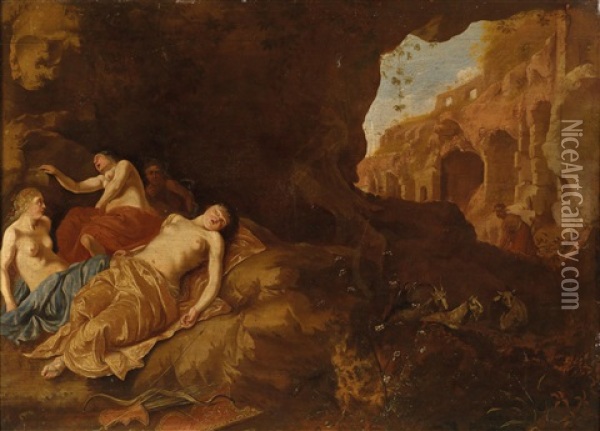 Ein Satyr Uberrascht Die Schlafenden Nymphen Der Diana Oil Painting - Dirck Van Der Lisse