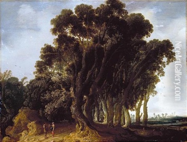 A Wooded Landscape With Travellers Resting, A Shepherd Tending His Flock Beyond Oil Painting - Jacob van Geel