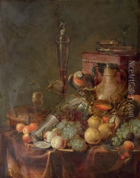 Grapes, Peaches, Cherries, A Melon And An Artichoke, With A Blue And White Porcelain Dish, Glasses And A Jug On A Draped Table With A Parrot Oil Painting - Jan Davidsz De Heem