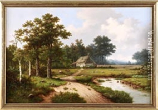 Gehoft Mit Kuhen Und Schafen Im Vordergrund Und Dunenlandschaft Im Hintergrund Oil Painting - Hendrik Pieter Koekkoek