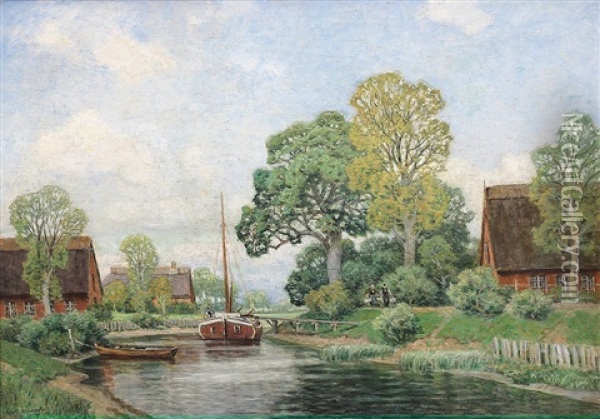 Katen, Boote Und Personen Im Alten Land Nahe Hamburg Oil Painting - Georg M. Meinzolt