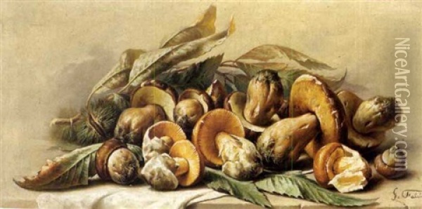 Stilleben Mit Granatapfeln (+ Stilleben Mit Pilzen Und Edelkastanien; Pair) Oil Painting - Giuseppe Falchetti