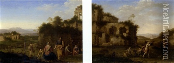 Paysage De La Campagne Romaine Avec Abraham Et Isaac (+ Paysage Avec Ruines Animees De Personnages; 2 Works) Oil Painting - Cornelis Van Poelenburgh