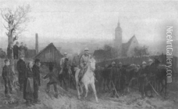 Halt Der Kavallerie In Einem Dorf Oil Painting - Bernhard Muehlig