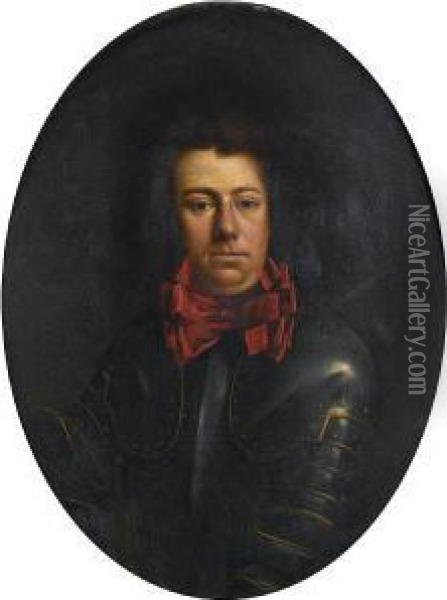 Portrait Of A Gentleman, Bust-length, Inarmour With A Red Bow Oil Painting - Jacques Vaillant
