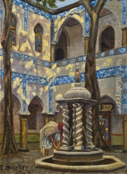 Arabischer Innenhof Mit Brunnen Oil Painting - Gottlieb Emil Rittmeyer