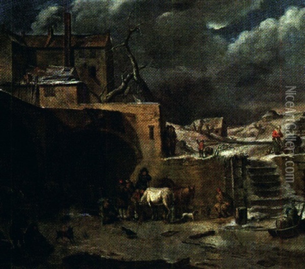 Paysans Au Bord D'une Riviere Gelee Oil Painting - Isaac Van Ostade