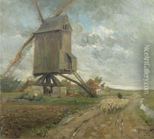 Leading The Sheep Past The Mill Oil Painting - Jacques, Jakob Madiol