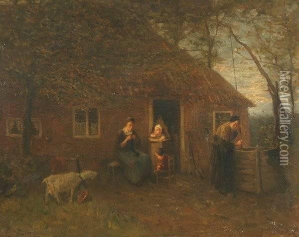 A Family Outside Their Cottage Oil Painting - Bernard Johann De Hoog