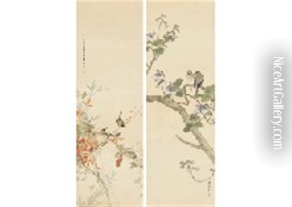 Paulownia And Twin Eophona Personata; Bird With Autumn Bushes (a Pair Of Scrolls) Oil Painting - Shuho Ikegami