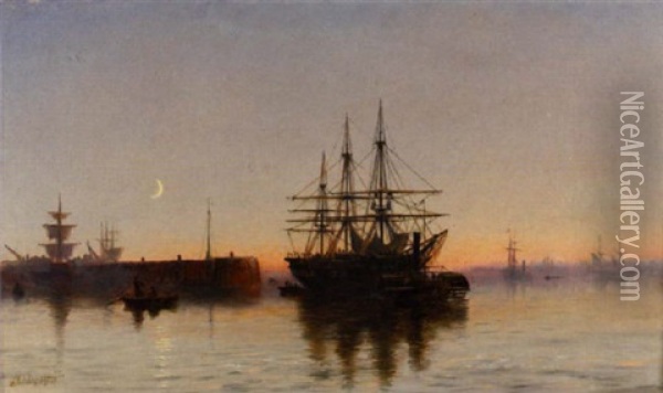 Shipping Off A Jetty At Dusk Oil Painting - Robert Jobling