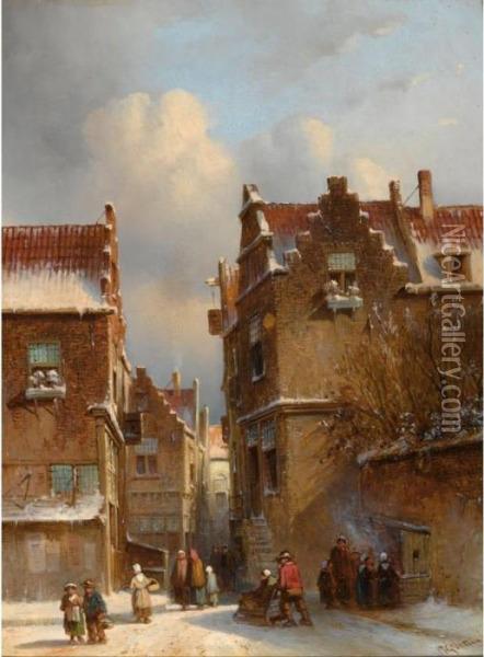 Figures Buying Chestnuts At A Stall In A Wintry Town Oil Painting - Pieter Gerard Vertin