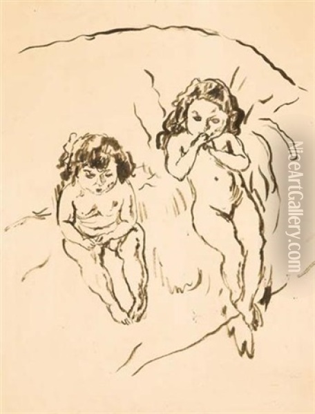 Two Children Oil Painting - Jules Pascin