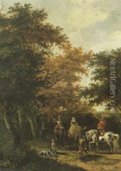 An Elegant Hawking Party In A Wooded Landscape Oil Painting - Joris van der Hagen