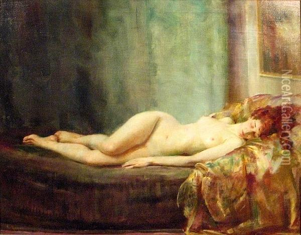 A Reclining Female Nude Oil Painting - Geza Kende