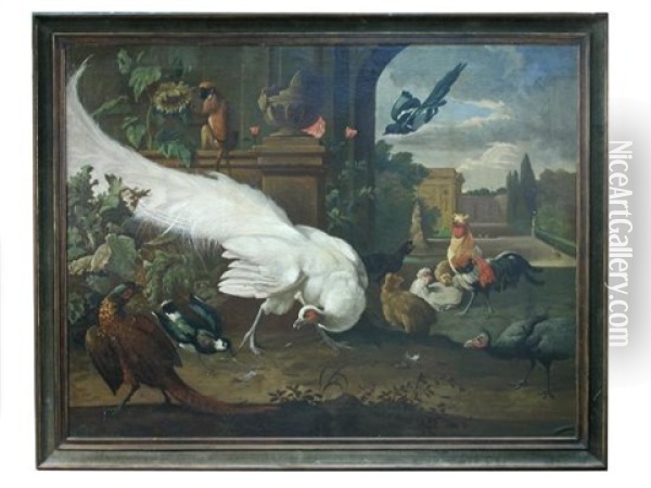 A White Peacock, Pheasant, Lapwing, Magpie, Brown Spider Monkey, Cockerel, Bantams And A Guinea Fowl In An Ornamental Parkland Landscape Oil Painting - Melchior de Hondecoeter
