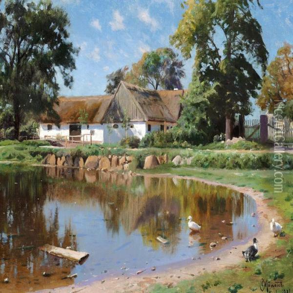 The Village Pond In Thevillage Saeby Near Roskilde Oil Painting - Peder Mork Monsted