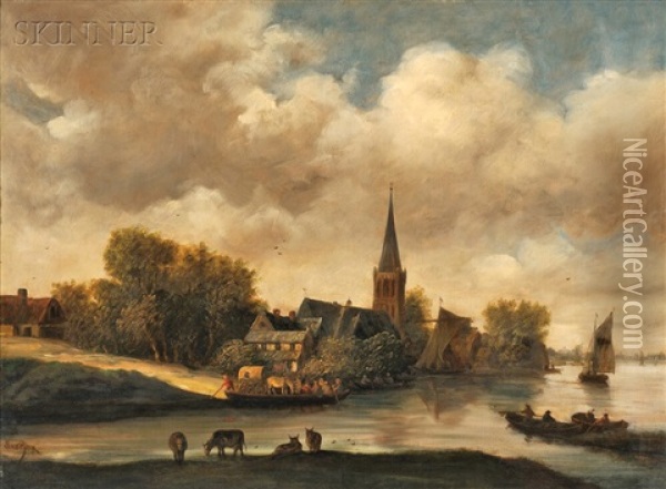 Village On A River With A Ferry Setting Out Oil Painting - Salomon van Ruysdael