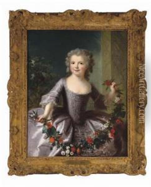 Portrait Of A Young Girl, Three-quarter-length, In A Lilac Dress With A Swag Of Flowers Oil Painting - Alexis Simon Belle