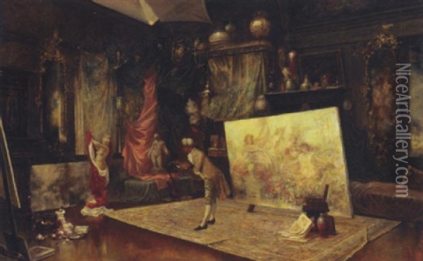 In The Studio Oil Painting - Charles Louis Lucien Mueller