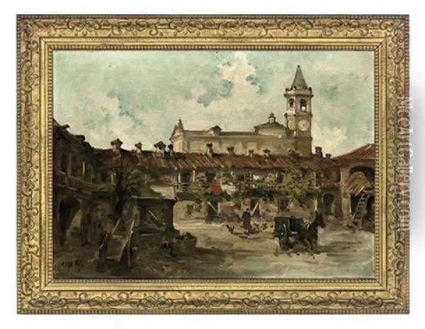 A Village Square Oil Painting - Guiseppe Riva