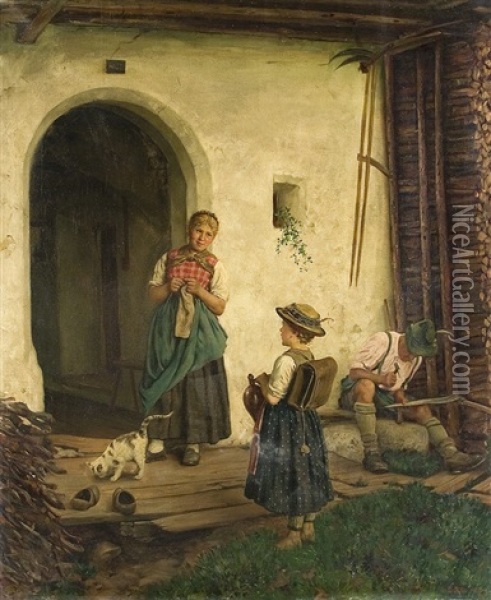 Vor Dem Schulweg Oil Painting - Emil Rau