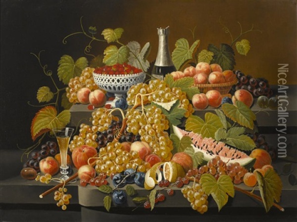 Fruit And Champagne On Double Tier Oil Painting - Severin Roesen