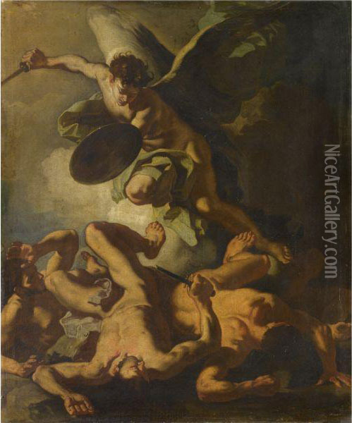 San Michele Arcangelo Combatte Gli Angeli Ribelli Oil Painting - Francesco Solimena