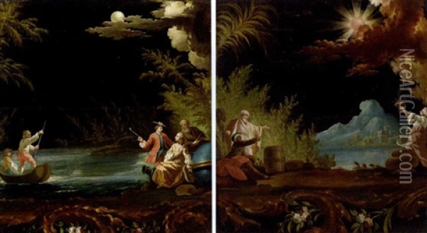 A Moonlit River Landscape With Boatmen And Personifications Of The Arts And Sciences (+ A Moonlit River Landscape With Figures On The Shore; Pair Of Fragments) Oil Painting - Jean Baptiste Pillement