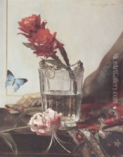 A Still Life With A Flowering Cactus In An Etched Crystal Cooler And A Butterfly Against A Gold-trimmed Wall Oil Painting - Blaise Alexandre Desgoffe