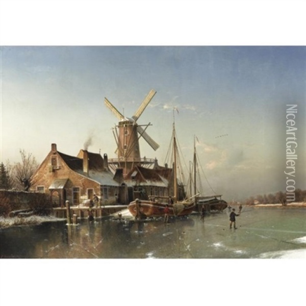 A Winter Landscape With A Mill On A Frozen River Oil Painting - Johannes Bartholomaeus Duntze